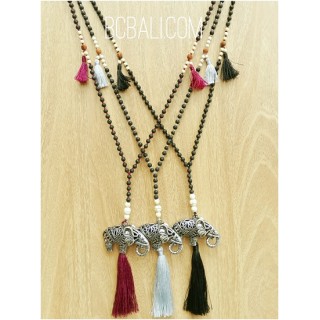 three color tassels elephant bronze caps bead necklace